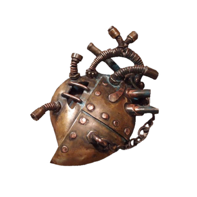 a stylised bronze and copper heart with valves and chains